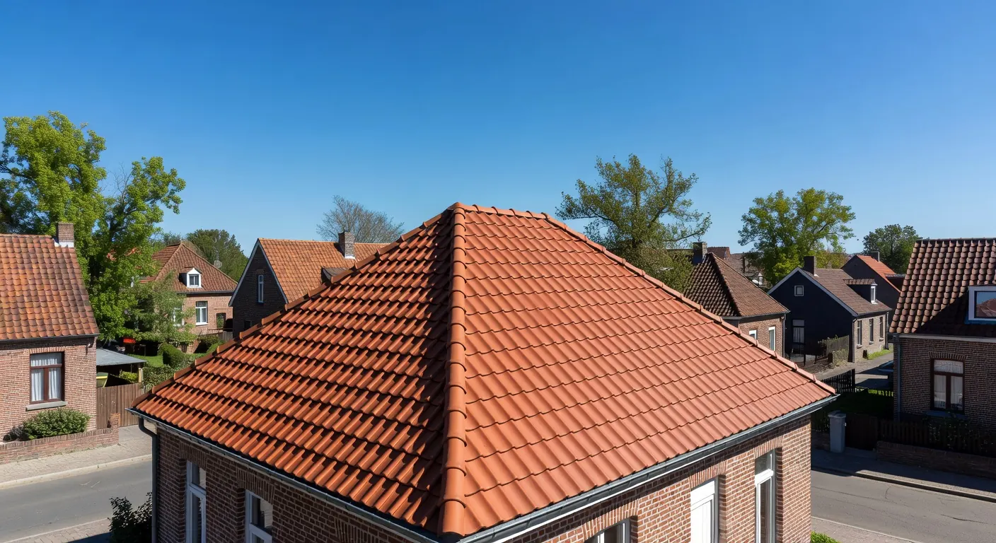 Toiture et façades rénovées en Belgique avec vue sur une maison typique