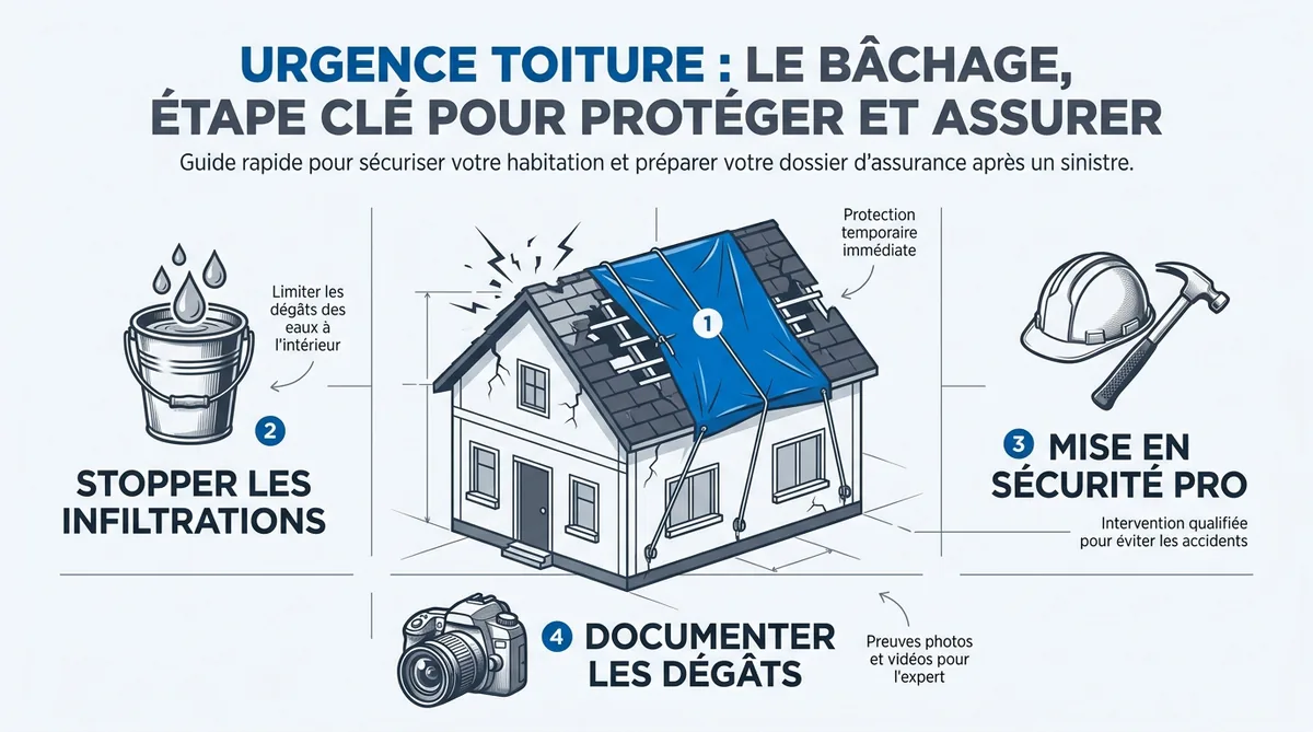 Bâchage d'urgence sur toiture après tempête